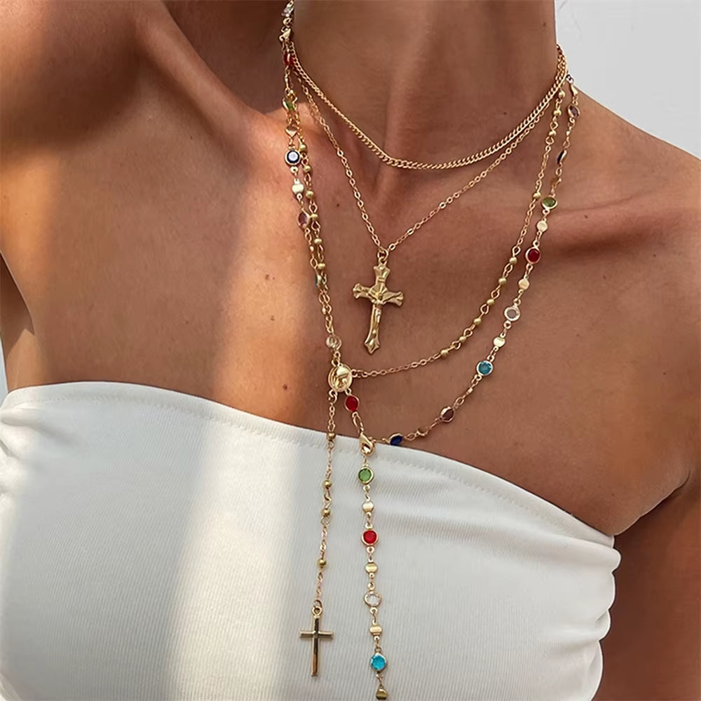 3Pcs Unique Cross Pendant Necklace Set for Women Simple Crystal Necklace Sweater Chain Long Y-Shaped Necklace Y2K Party Jewelry