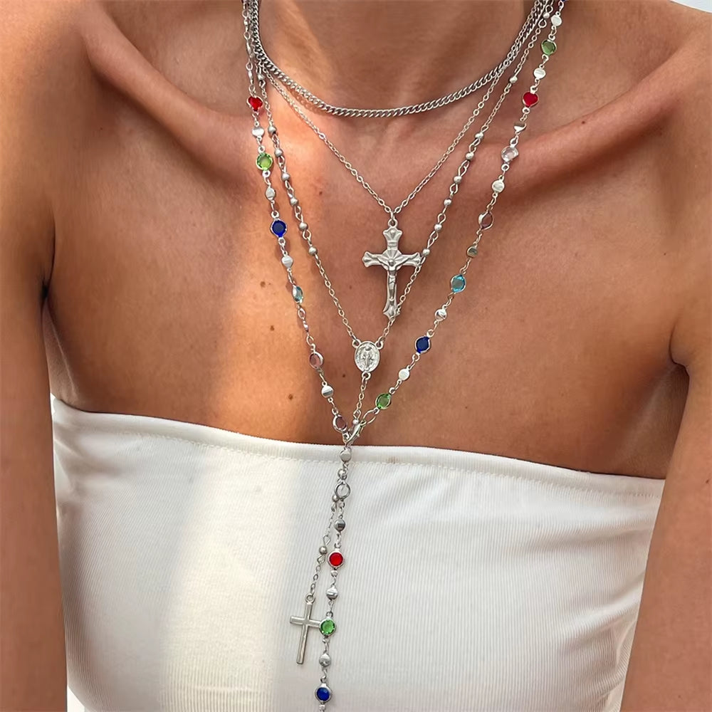 3Pcs Unique Cross Pendant Necklace Set for Women Simple Crystal Necklace Sweater Chain Long Y-Shaped Necklace Y2K Party Jewelry