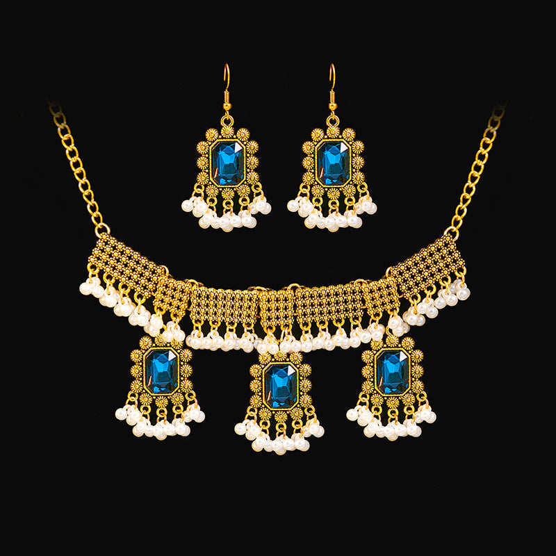 Retro Court French Pearl Water Drop Metal Necklace And Earrings Suite