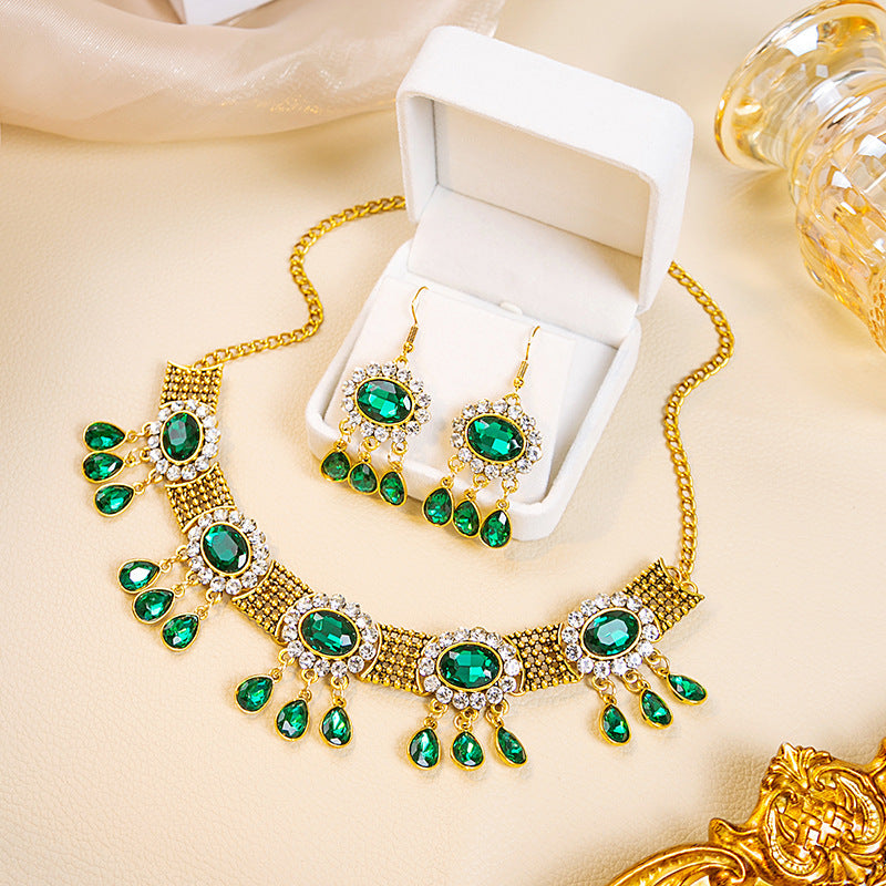 Retro Court French Pearl Water Drop Metal Necklace And Earrings Suite