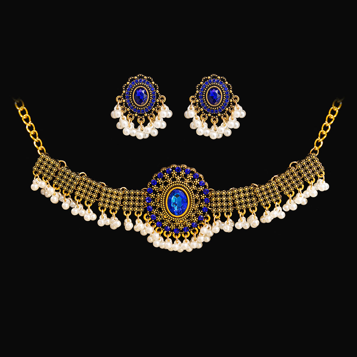 Retro Court French Pearl Water Drop Metal Necklace And Earrings Suite
