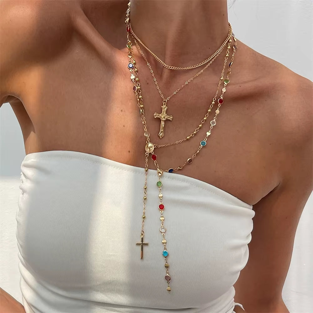 3Pcs Unique Cross Pendant Necklace Set for Women Simple Crystal Necklace Sweater Chain Long Y-Shaped Necklace Y2K Party Jewelry