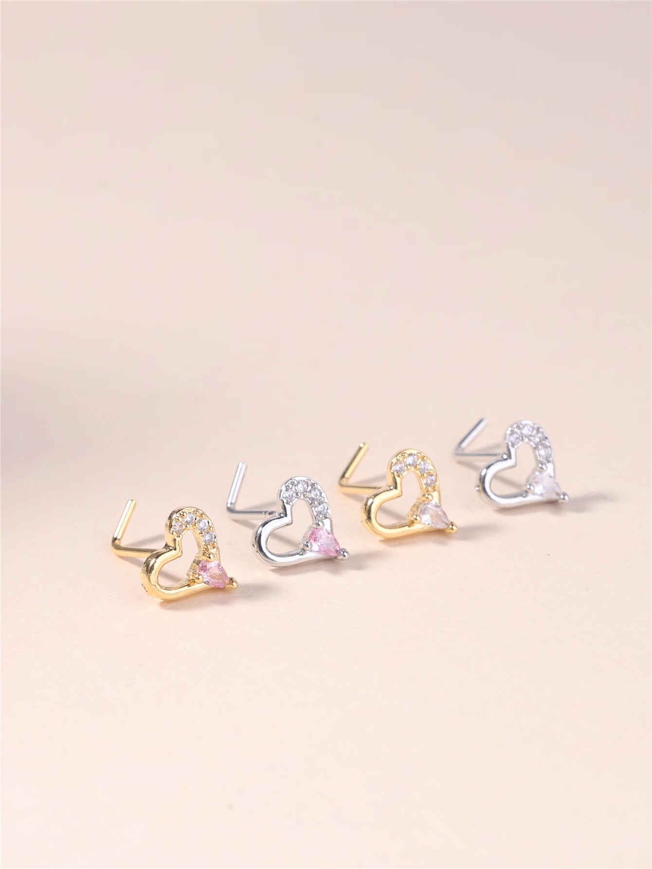20G L Shaped Nose Studs Rings Cute White Heart CZ Love Stone Gold Silver Color Nose Piercing for Women Girl Nostril Jewelry
