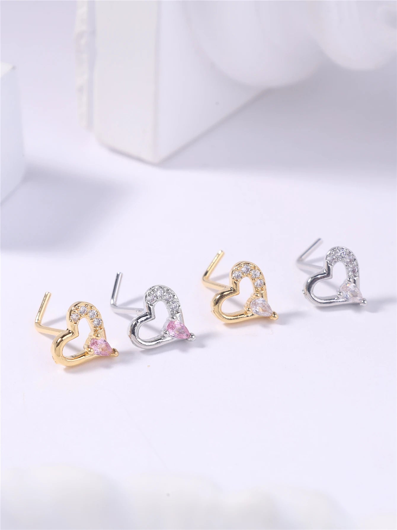 20G L Shaped Nose Studs Rings Cute White Heart CZ Love Stone Gold Silver Color Nose Piercing for Women Girl Nostril Jewelry