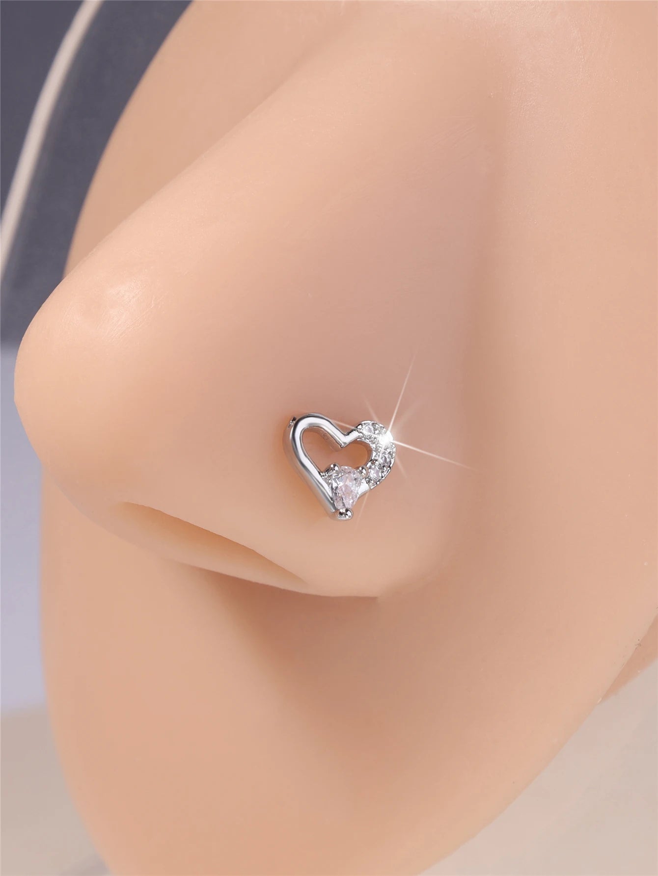 20G L Shaped Nose Studs Rings Cute White Heart CZ Love Stone Gold Silver Color Nose Piercing for Women Girl Nostril Jewelry