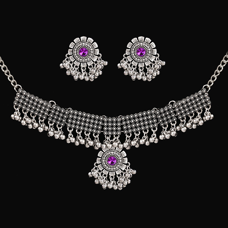 Retro Court French Pearl Water Drop Metal Necklace And Earrings Suite