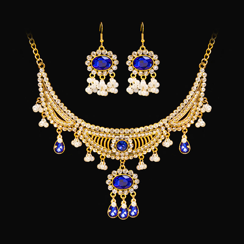 Retro Court French Pearl Water Drop Metal Necklace And Earrings Suite