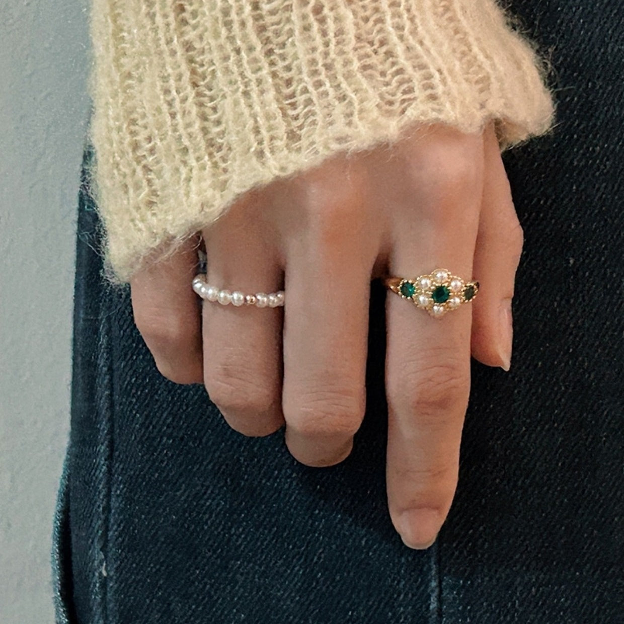 Pure Silver Pearl Zircon Inlaid Niche Retro French Ring