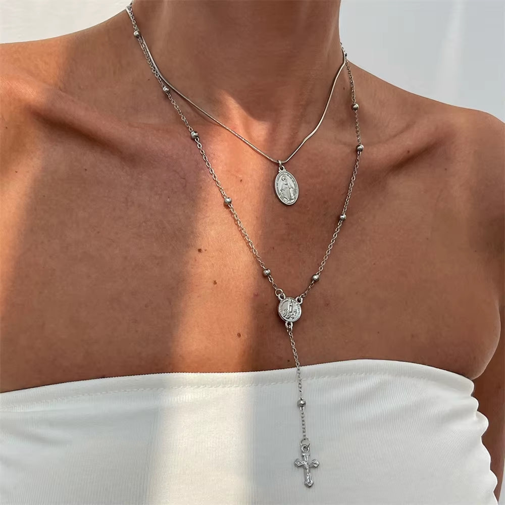 3Pcs Unique Cross Pendant Necklace Set for Women Simple Crystal Necklace Sweater Chain Long Y-Shaped Necklace Y2K Party Jewelry