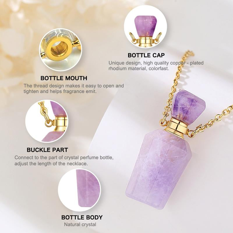EUDORA Crystal Perfume Bottle Pendant Necklace for Essential Oils and Fragrance, Unique Natural Crystal for Aromatherapy, Amethyst Healing Jewelry