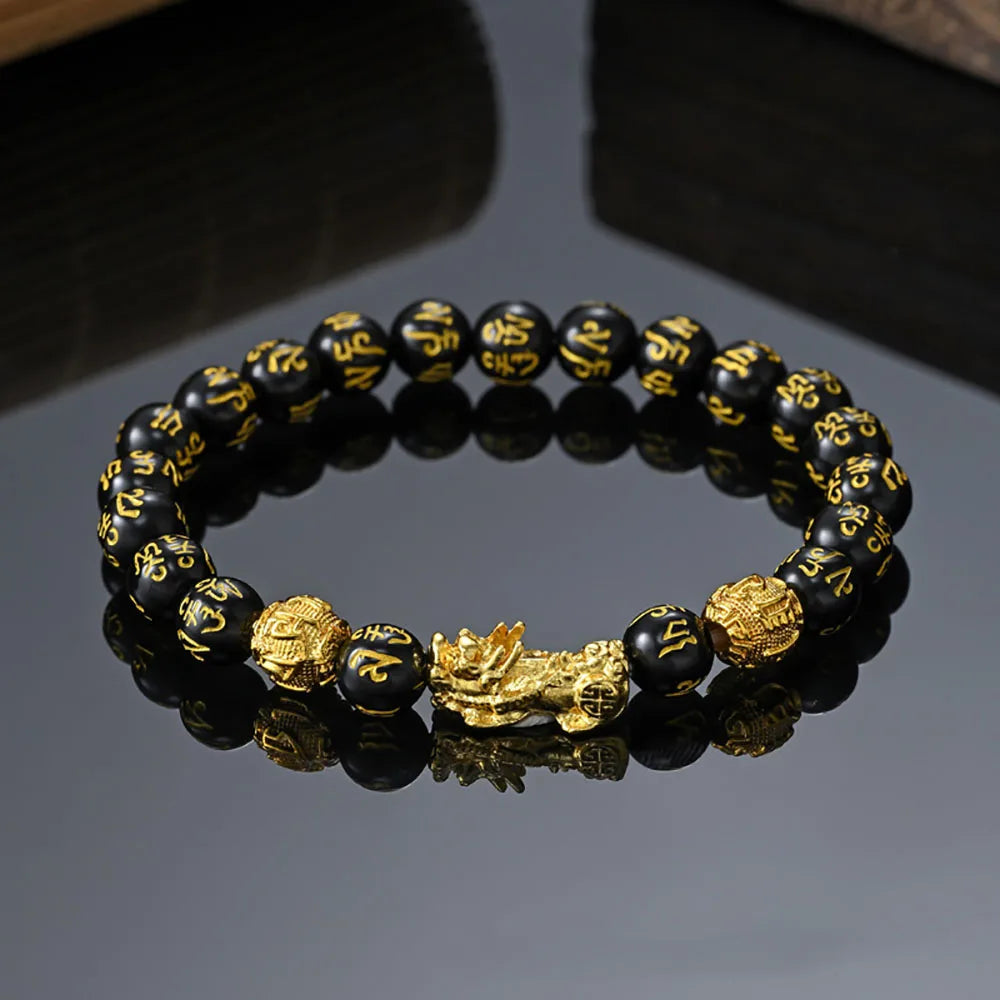 Fengshui Wealth and Luck Bracelet, Feng Shui Black Obsidian Pixiu Wealth Bracelet Prosperity Buddha Beads Elastic Bracelet