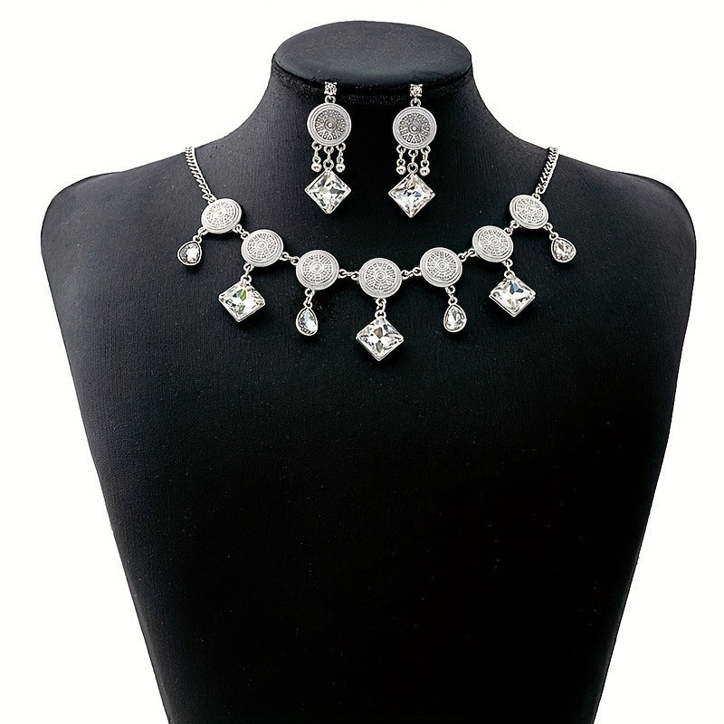 Retro Court French Pearl Water Drop Metal Necklace And Earrings Suite