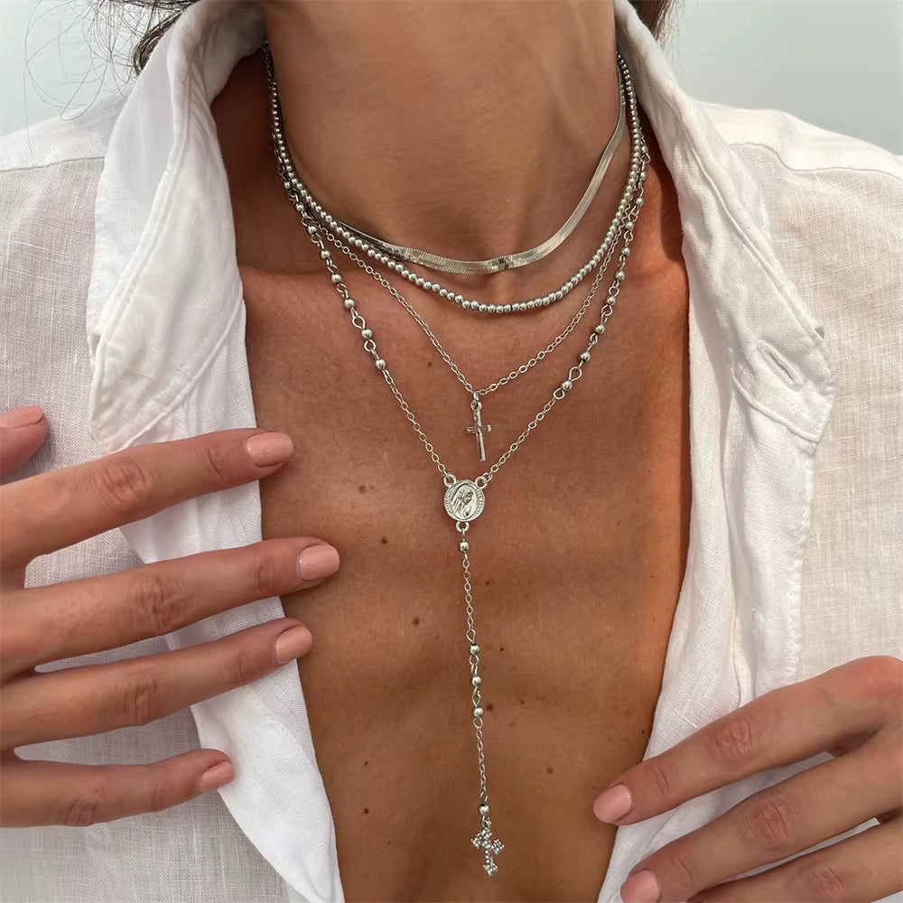 3Pcs Unique Cross Pendant Necklace Set for Women Simple Crystal Necklace Sweater Chain Long Y-Shaped Necklace Y2K Party Jewelry
