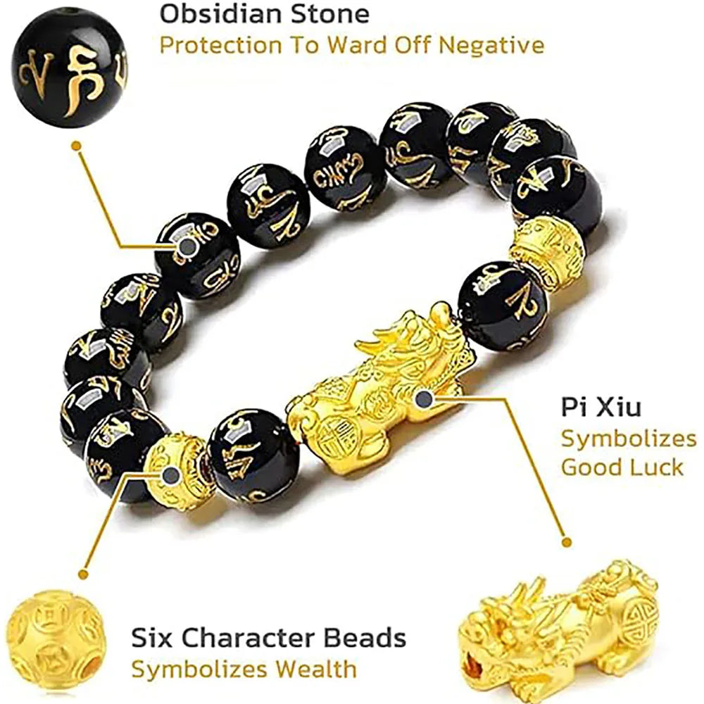 Fengshui Wealth and Luck Bracelet, Feng Shui Black Obsidian Pixiu Wealth Bracelet Prosperity Buddha Beads Elastic Bracelet