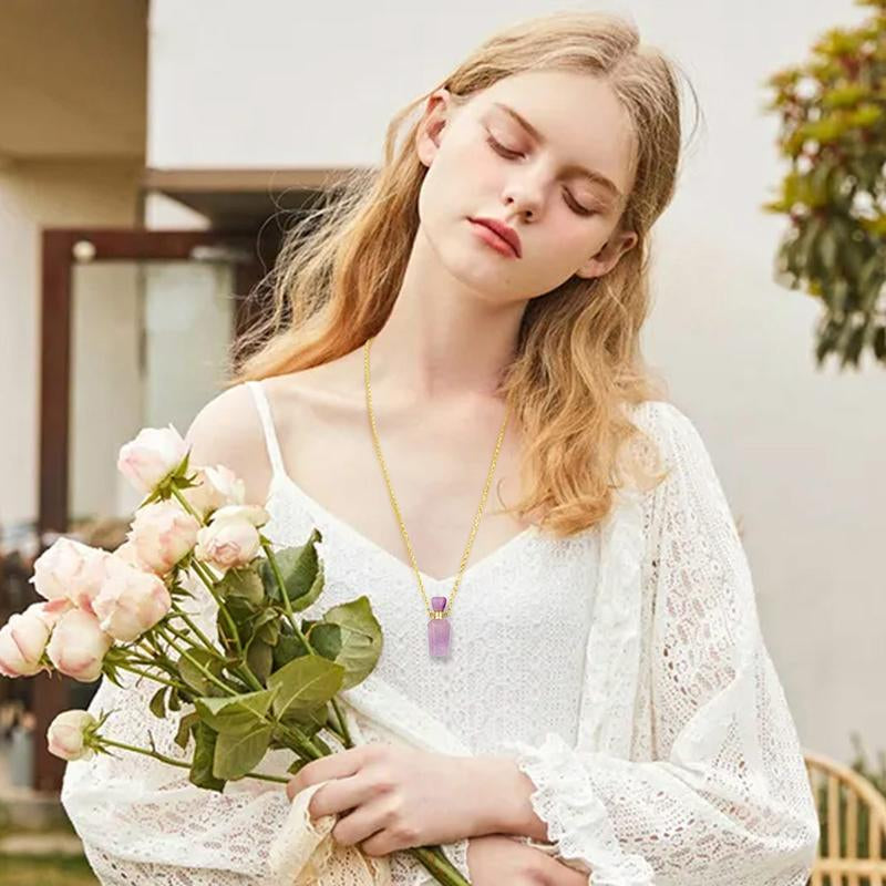 EUDORA Crystal Perfume Bottle Pendant Necklace for Essential Oils and Fragrance, Unique Natural Crystal for Aromatherapy, Amethyst Healing Jewelry