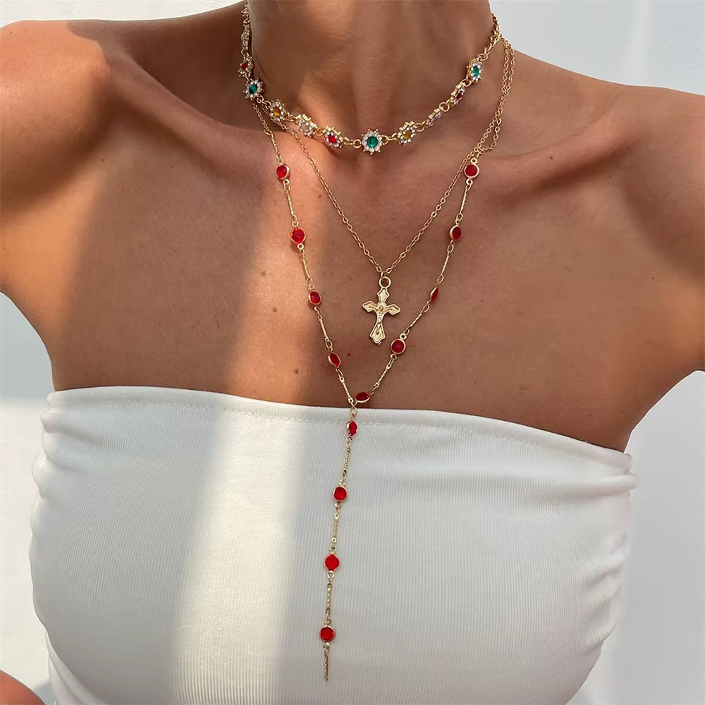 3Pcs Unique Cross Pendant Necklace Set for Women Simple Crystal Necklace Sweater Chain Long Y-Shaped Necklace Y2K Party Jewelry