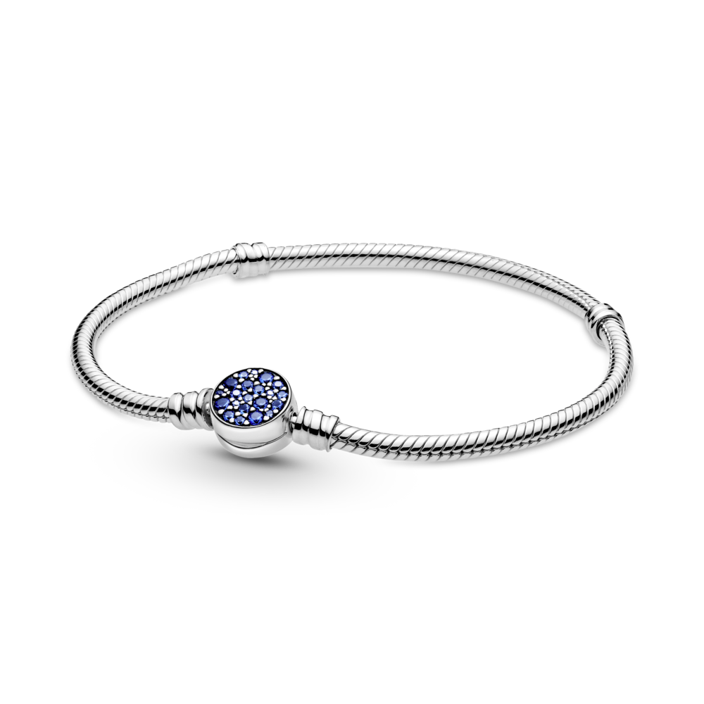 Pandora Moments Sparkling Blue Disc Clasp Snake Chain Bracelet – Elegant Gift Jewelry Set
