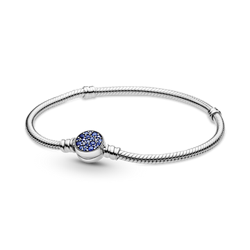 Pandora Moments Sparkling Blue Disc Clasp Snake Chain Bracelet – Elegant Gift Jewelry Set