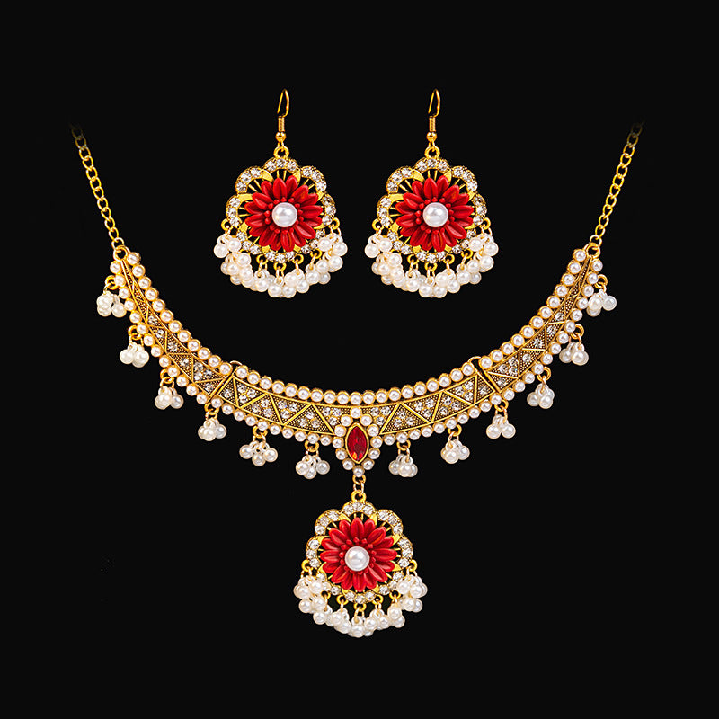 Retro Court French Pearl Water Drop Metal Necklace And Earrings Suite