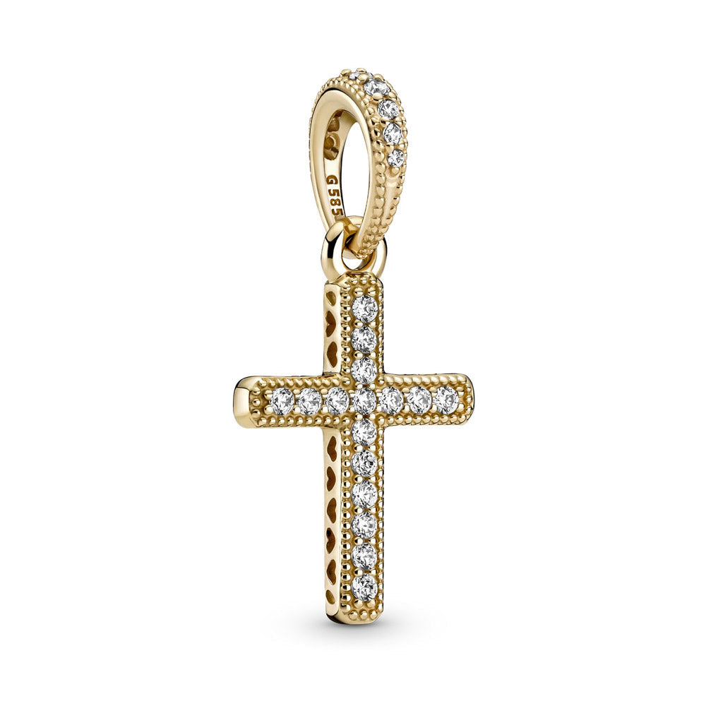 Pandora 14k Gold Sparkling Cross Dangle Pendant Charm – Elegant Gift Jewelry Set