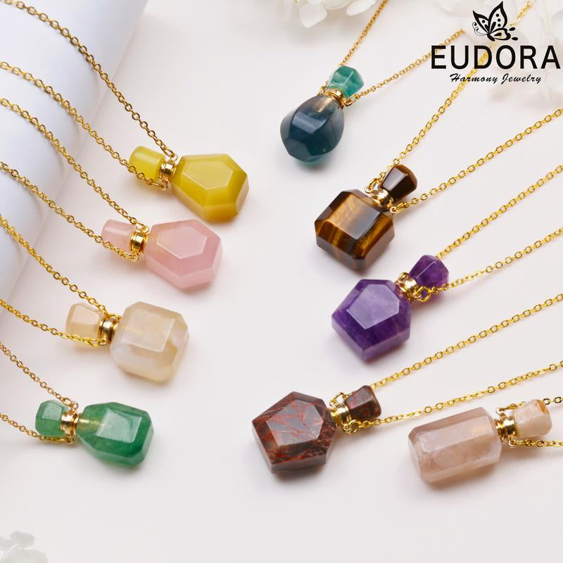 EUDORA Crystal Perfume Bottle Pendant Necklace for Essential Oils and Fragrance, Unique Natural Crystal for Aromatherapy, Amethyst Healing Jewelry