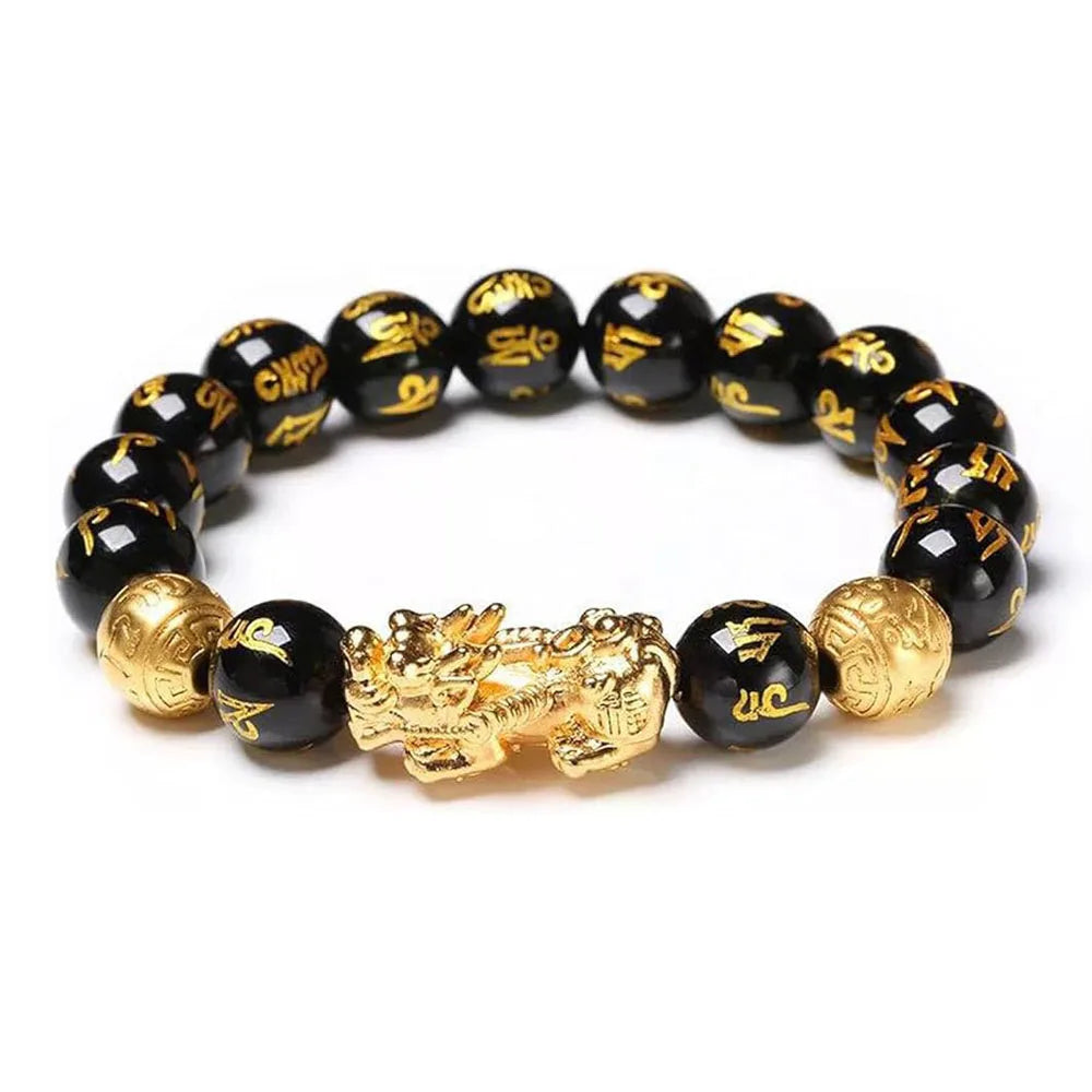 Fengshui Wealth and Luck Bracelet, Feng Shui Black Obsidian Pixiu Wealth Bracelet Prosperity Buddha Beads Elastic Bracelet