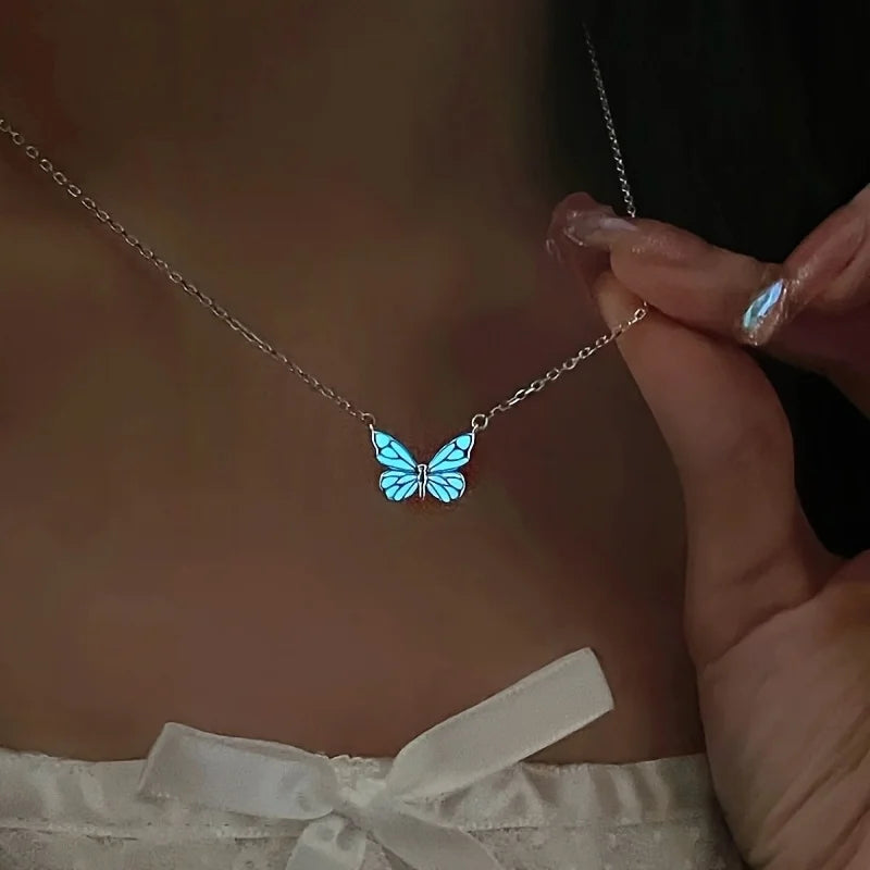 Butterfly Lamp Necklace Female Simple Light Luxury Fashion New Blue Luminous Butterfly Clavicle Chain Female