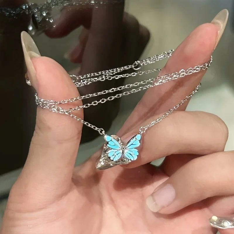 Butterfly Lamp Necklace Female Simple Light Luxury Fashion New Blue Luminous Butterfly Clavicle Chain Female