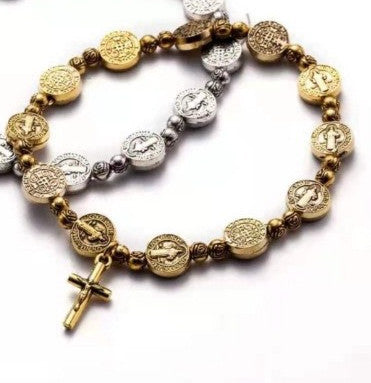 Gold And Silver 2 Color St Benedict Drive Mo Cross Bracelet