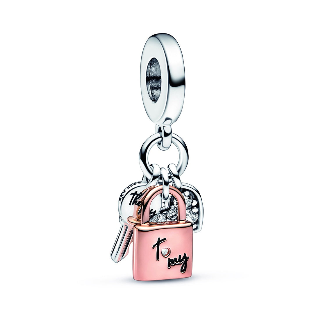 Two-tone Key, Padlock & Heart Triple Dangle Charm – Elegant Gift Jewelry Set