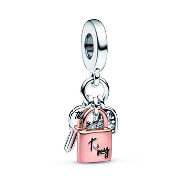 Two-tone Key, Padlock & Heart Triple Dangle Charm – Elegant Gift Jewelry Set