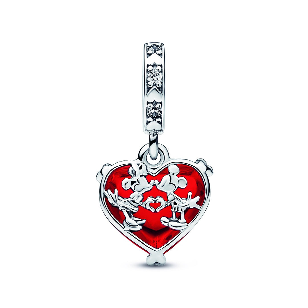 Disney Mickey & Minnie Mouse Kiss Red Murano Glass Dangle Charm – Elegant Gift Jewelry Set