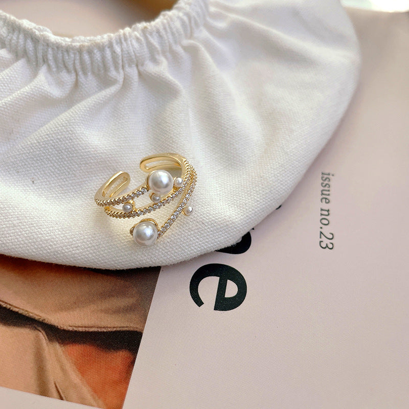 Women's Three-layer Micro Inlaid Zircon Pearl Ring