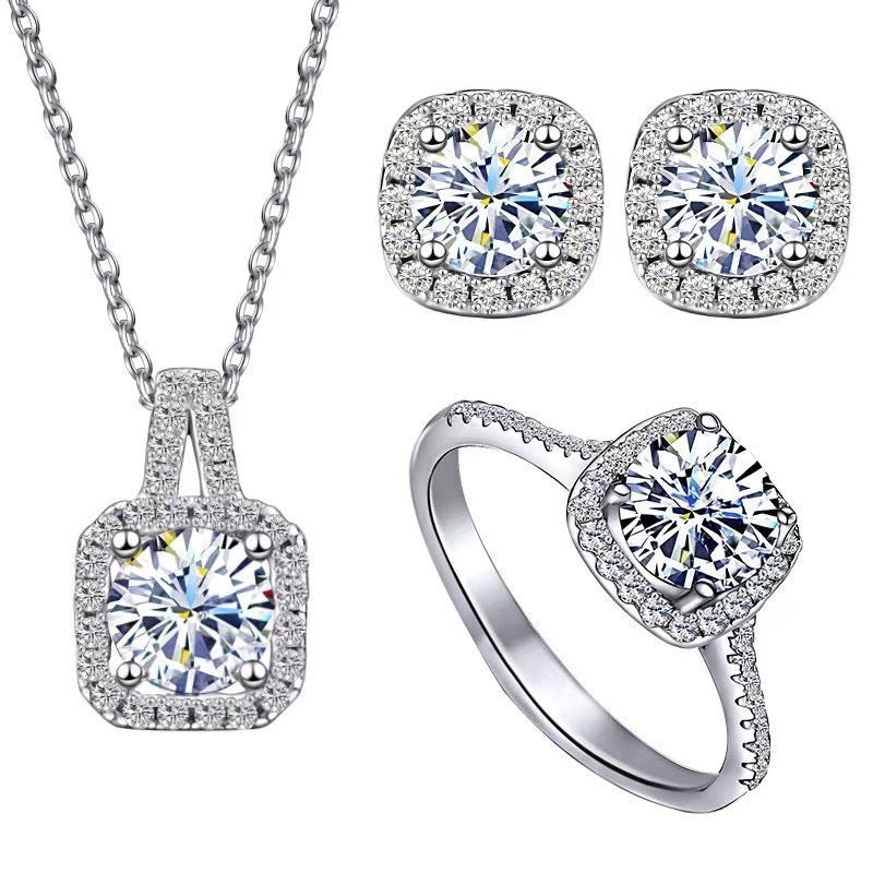 Square Bag Diamond Necklace Rings Ear Studs Suit