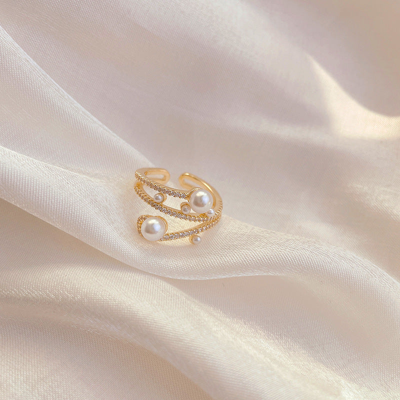 Women's Three-layer Micro Inlaid Zircon Pearl Ring