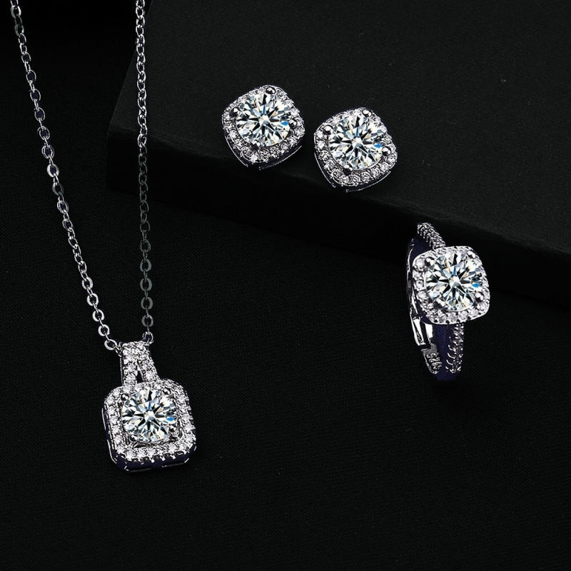 Square Bag Diamond Necklace Rings Ear Studs Suit