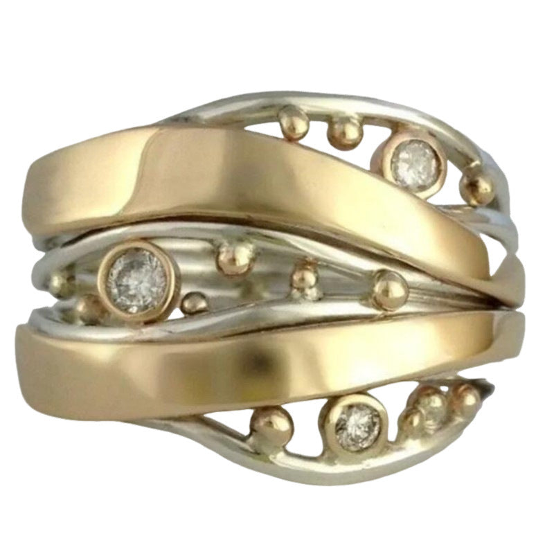 Fashion Wide Irregular Inlaid Diamond Gold Bead Ring
