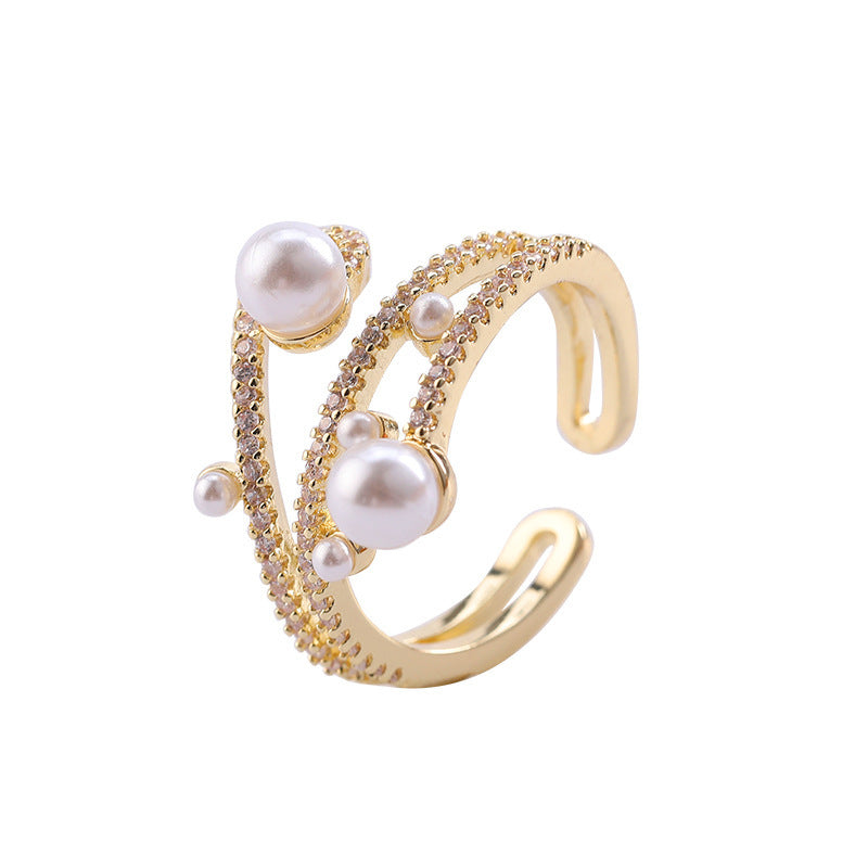 Women's Three-layer Micro Inlaid Zircon Pearl Ring