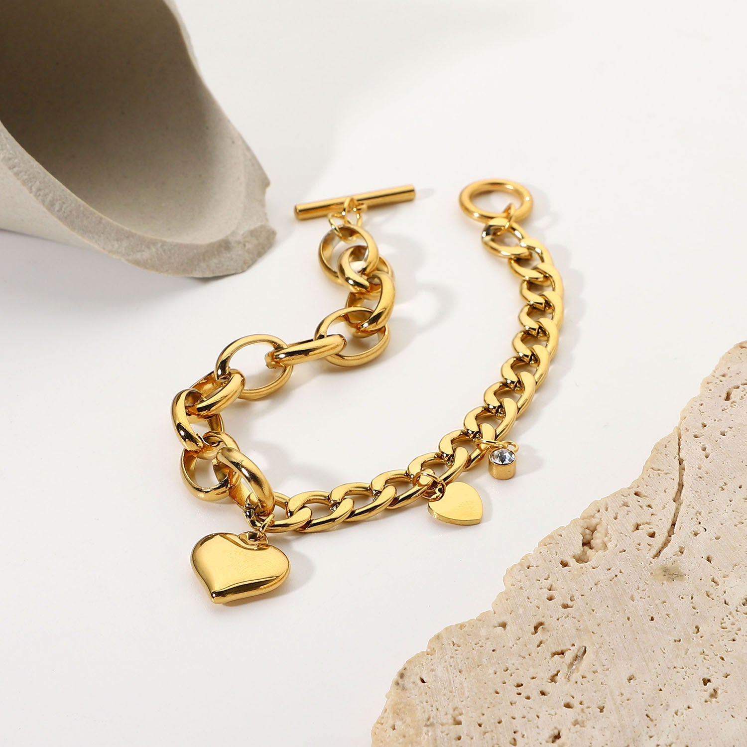 Cuban Link Chain Oval Chain Double-piece Heart-shaped Small Round Zirconium Bracelet