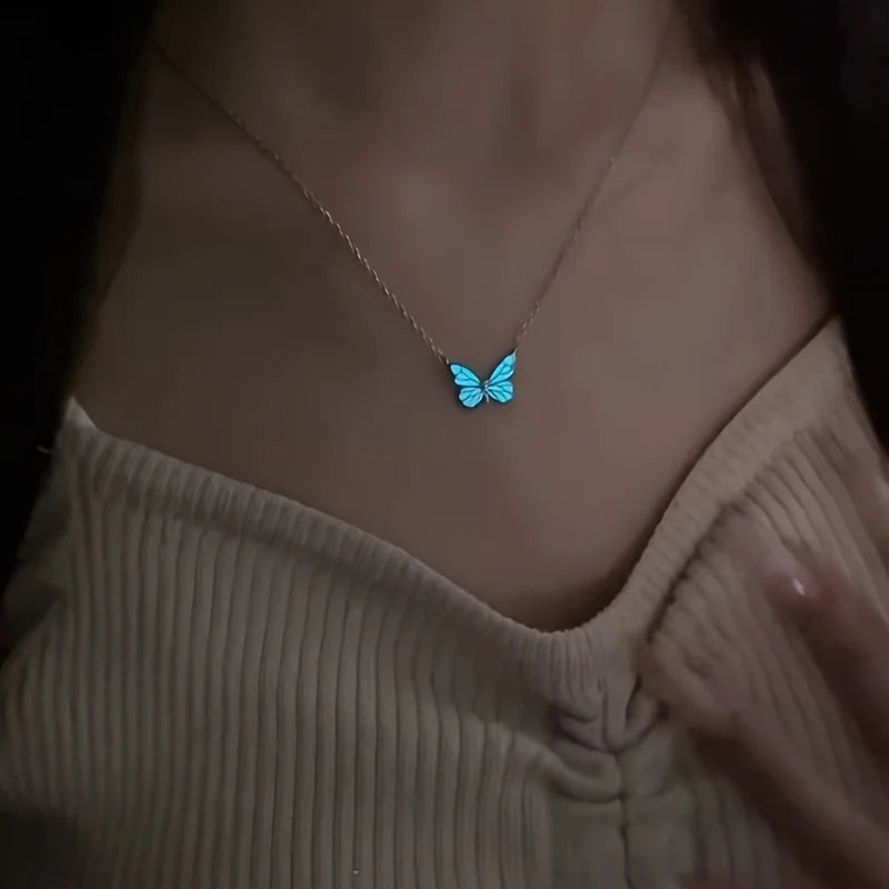 Butterfly Lamp Necklace Female Simple Light Luxury Fashion New Blue Luminous Butterfly Clavicle Chain Female