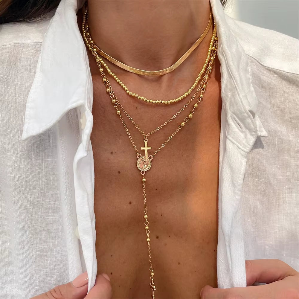 3Pcs Unique Cross Pendant Necklace Set for Women Simple Crystal Necklace Sweater Chain Long Y-Shaped Necklace Y2K Party Jewelry