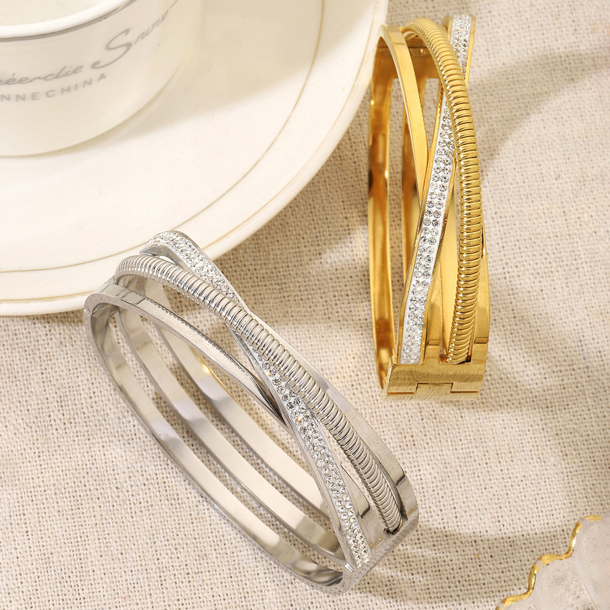 Women's Hollow Multi-layer Cross Diamond Titanium Steel Bracelet