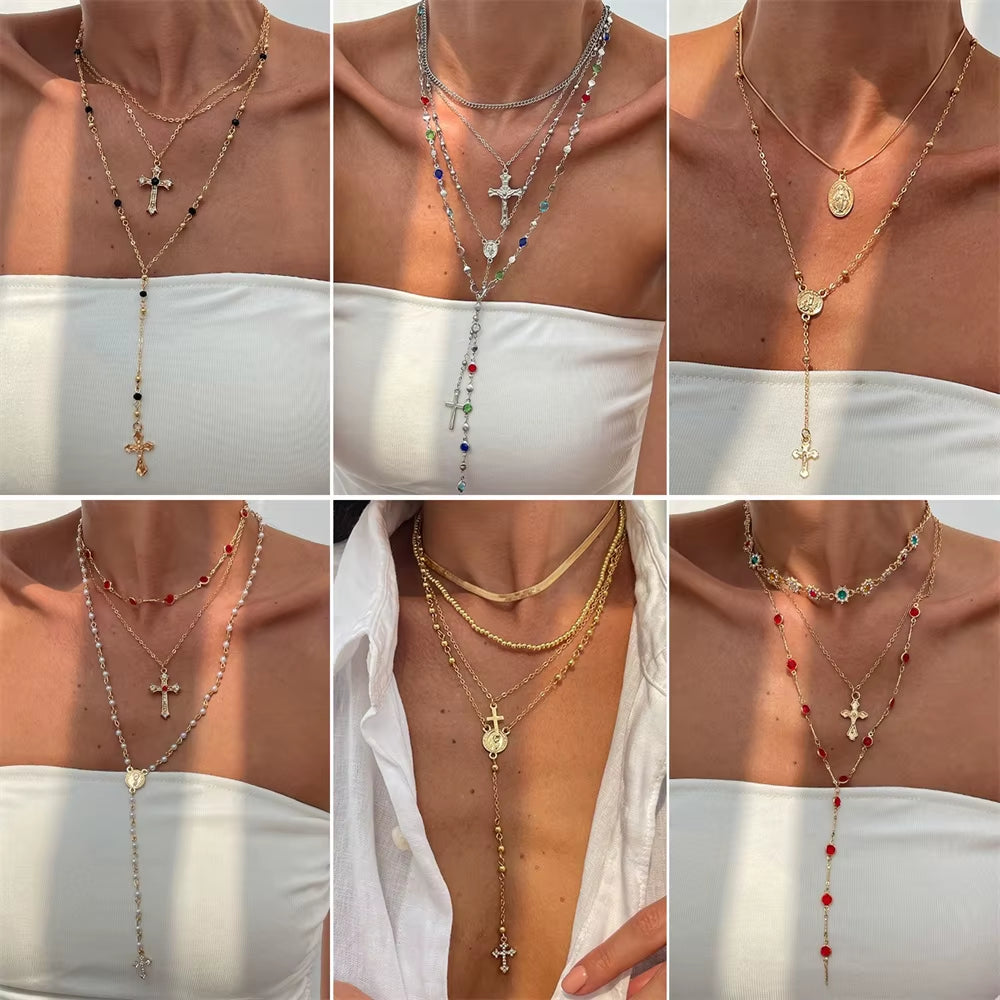 3Pcs Unique Cross Pendant Necklace Set for Women Simple Crystal Necklace Sweater Chain Long Y-Shaped Necklace Y2K Party Jewelry