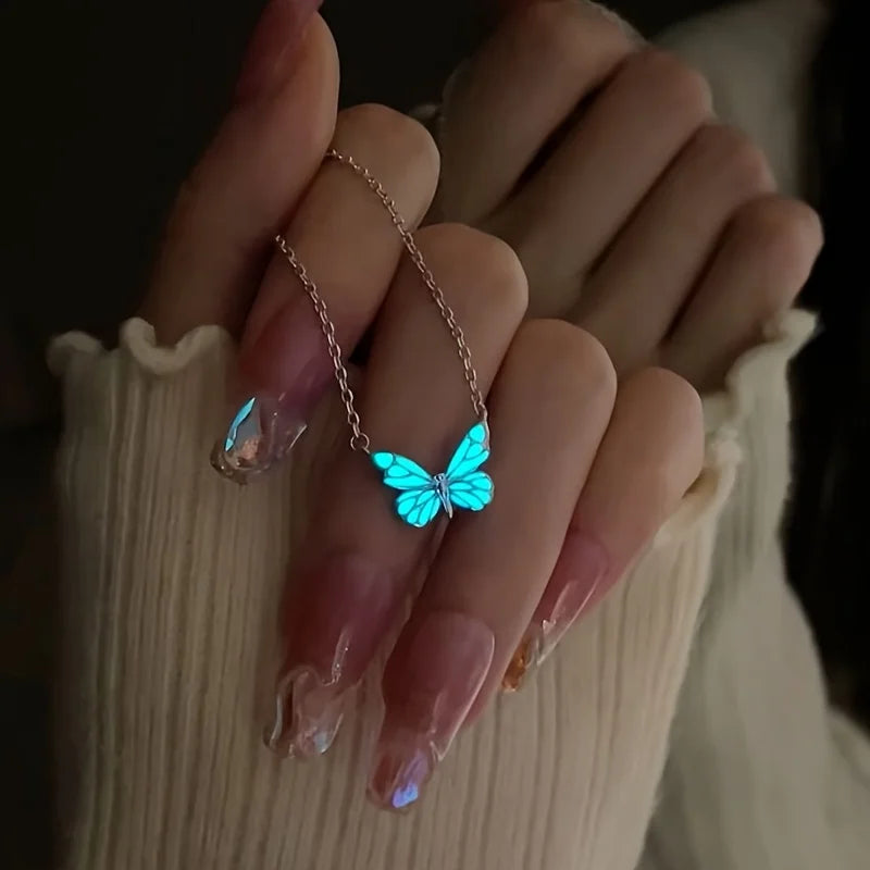 Butterfly Lamp Necklace Female Simple Light Luxury Fashion New Blue Luminous Butterfly Clavicle Chain Female