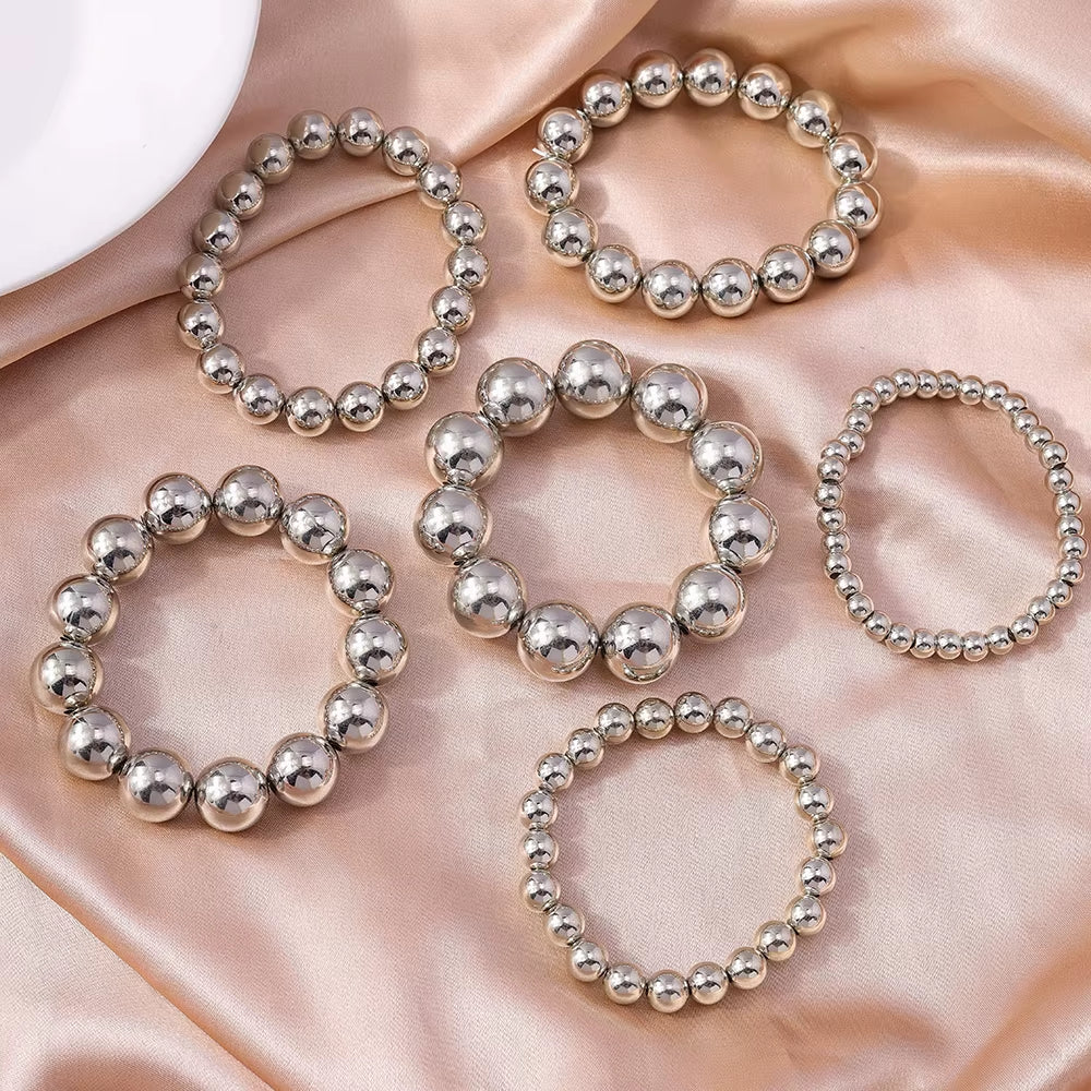 Aihua Trend Stretch Gold Sliver Color 6MM 8MM 12MM 16MM Stacked Ball Beaded Bracelet for Women Men round CCB Beads Bracelets