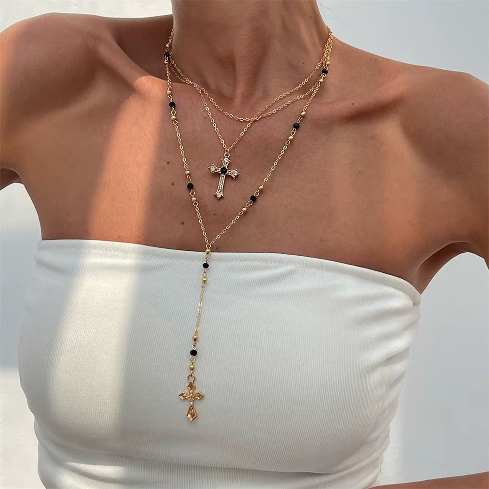 3Pcs Unique Cross Pendant Necklace Set for Women Simple Crystal Necklace Sweater Chain Long Y-Shaped Necklace Y2K Party Jewelry