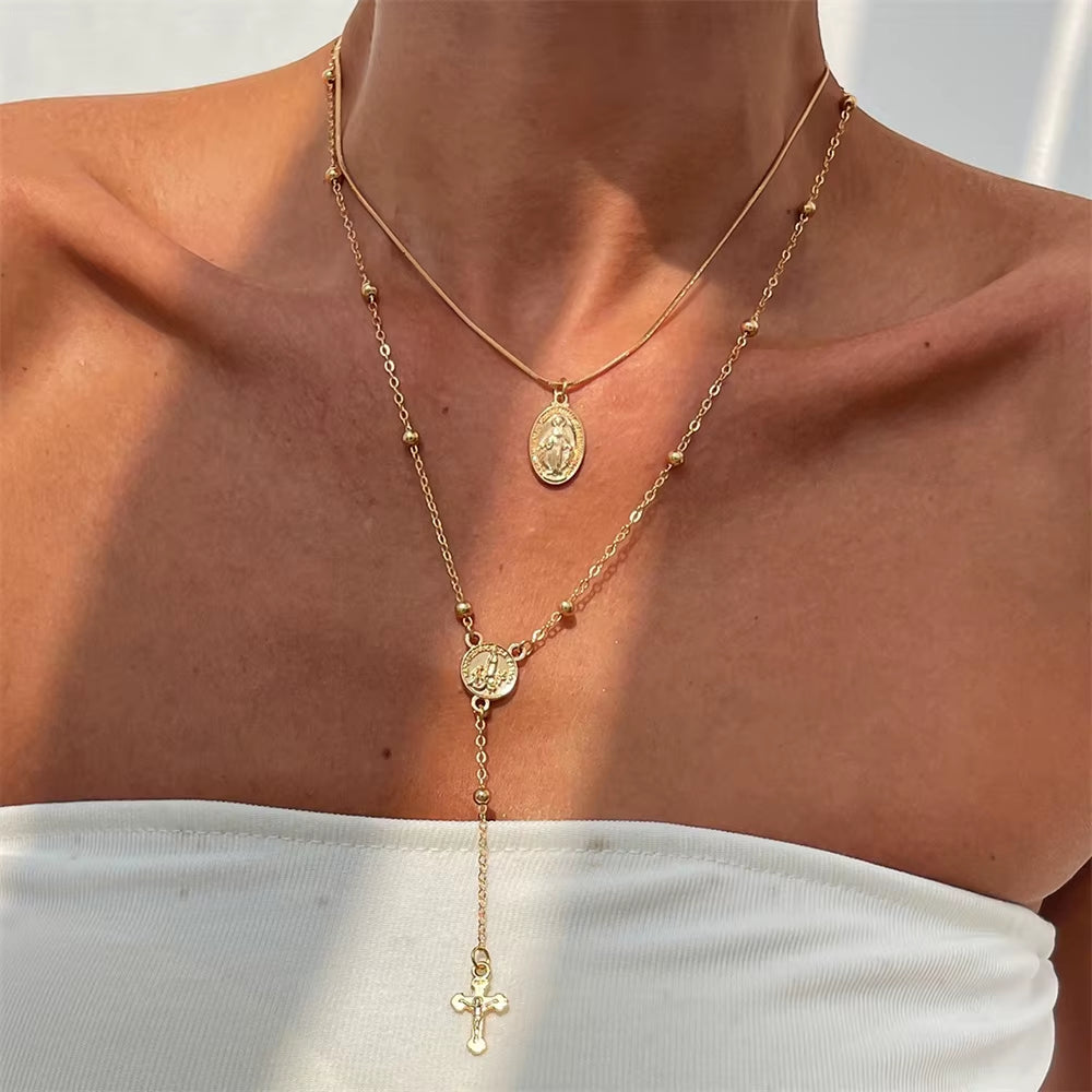 3Pcs Unique Cross Pendant Necklace Set for Women Simple Crystal Necklace Sweater Chain Long Y-Shaped Necklace Y2K Party Jewelry