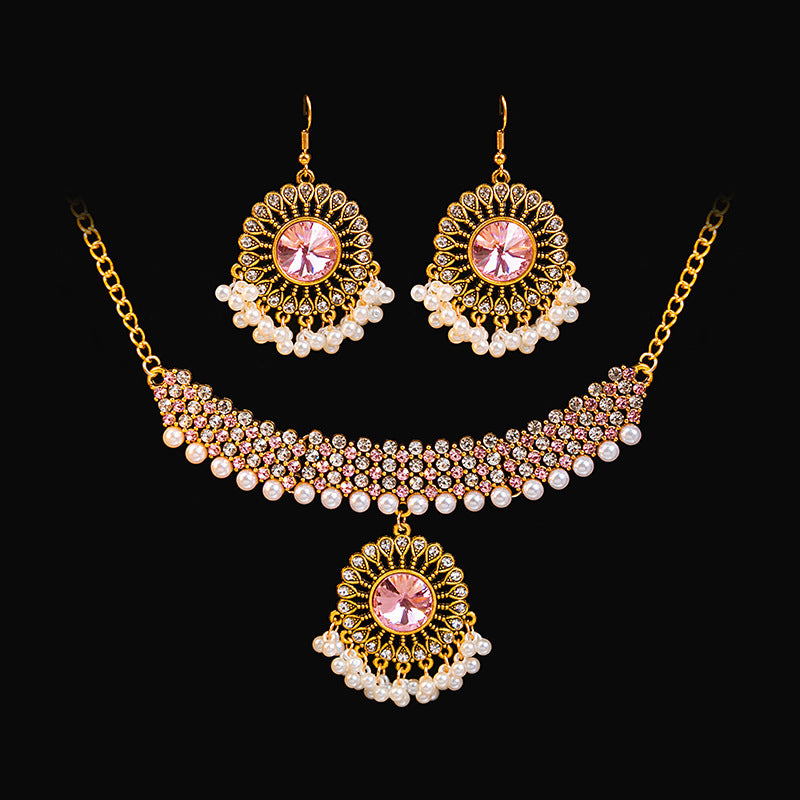 Retro Court French Pearl Water Drop Metal Necklace And Earrings Suite