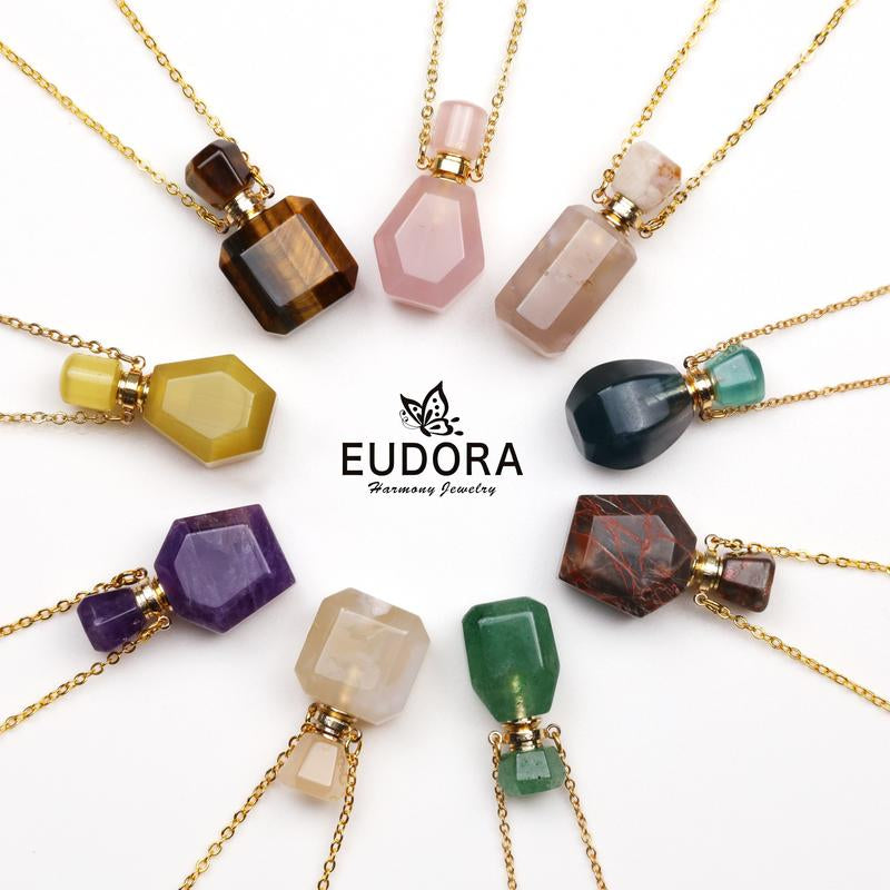 EUDORA Crystal Perfume Bottle Pendant Necklace for Essential Oils and Fragrance, Unique Natural Crystal for Aromatherapy, Amethyst Healing Jewelry