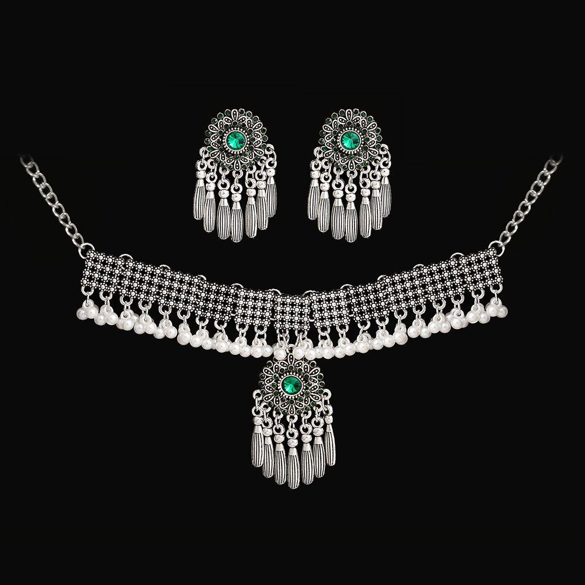 Retro Court French Pearl Water Drop Metal Necklace And Earrings Suite